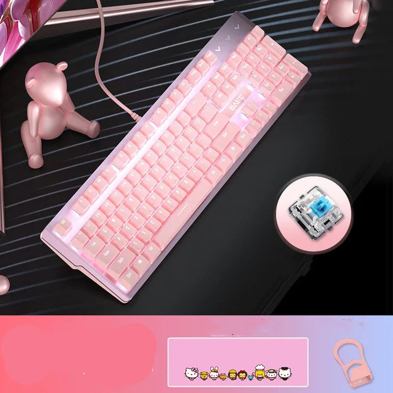 Pink mechanical keyboard and mouse set with white backlight, wired USB, and multimedia keys