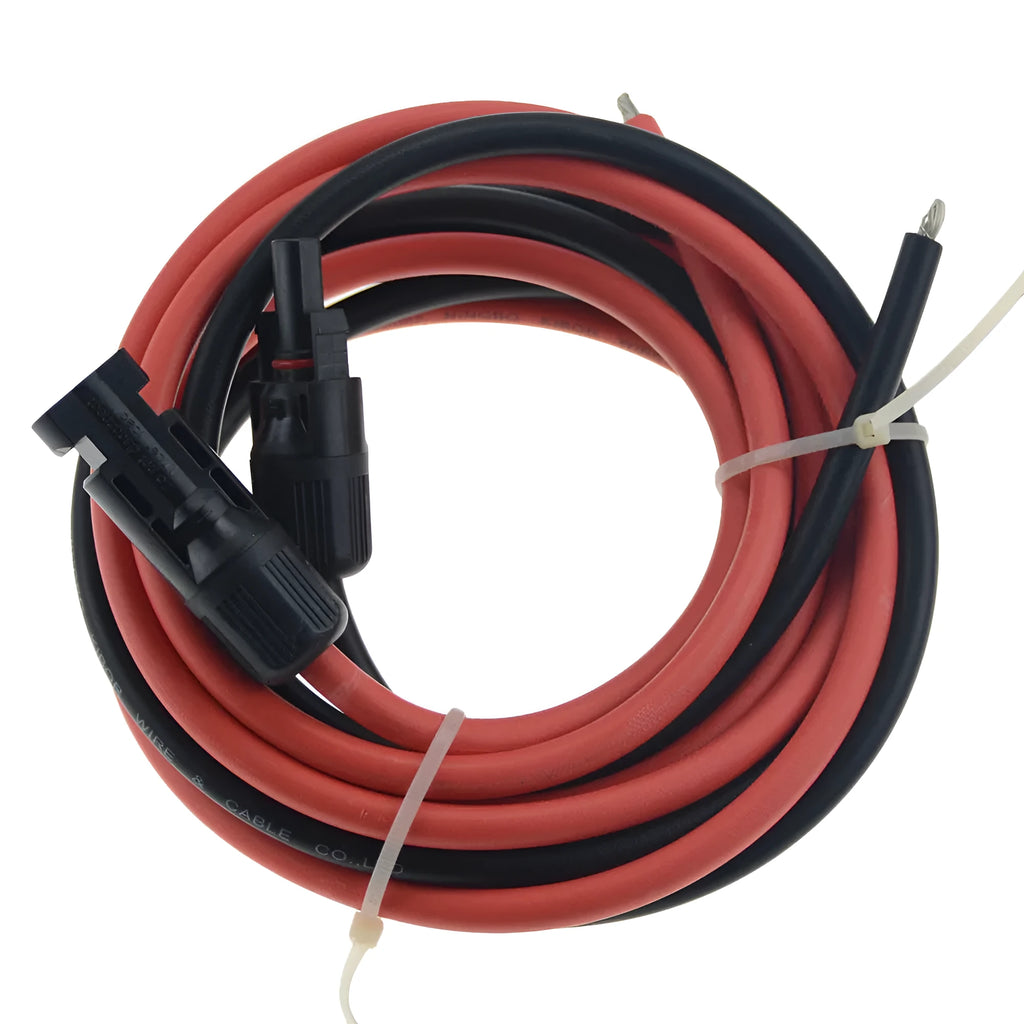Black and red MC4 connector solar extension cable with tinned copper core on a white background.