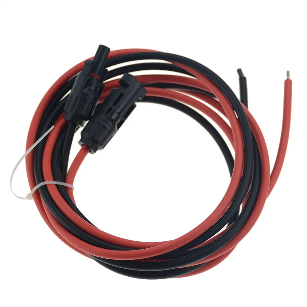 Black and red MC4 connector solar extension cable with tinned copper core on a white background.