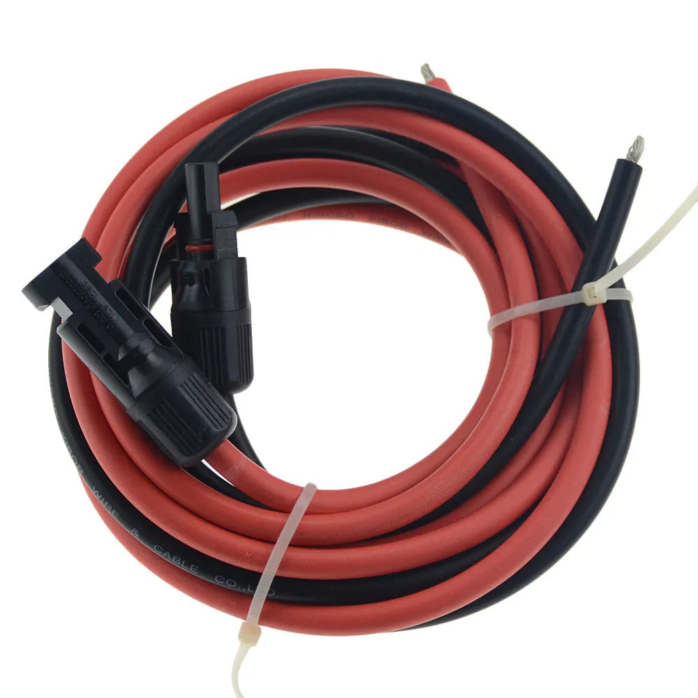 Black and red MC4 connector solar extension cable with tinned copper core on a white background.