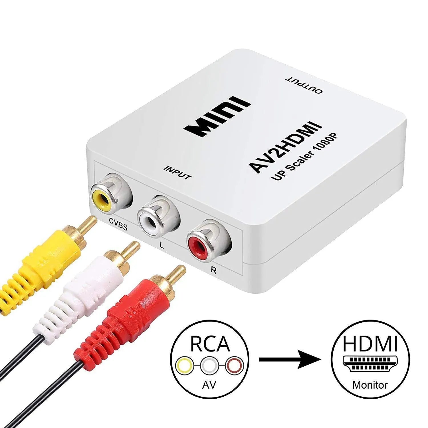AV to HDMI converter mini HD video converter with 0.5 metre cable in white and black colour options