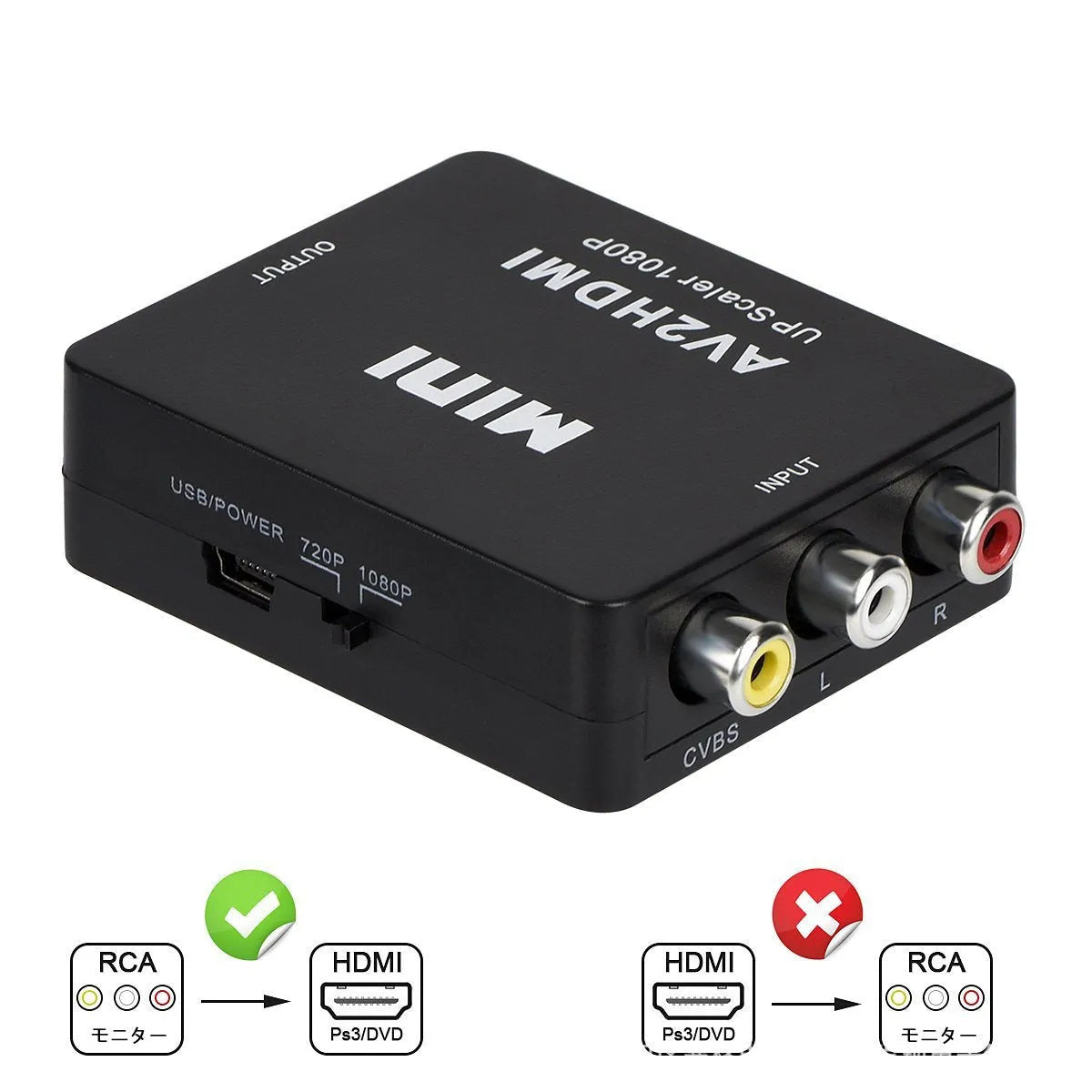 AV to HDMI converter mini HD video converter with 0.5 metre cable in white and black colour options