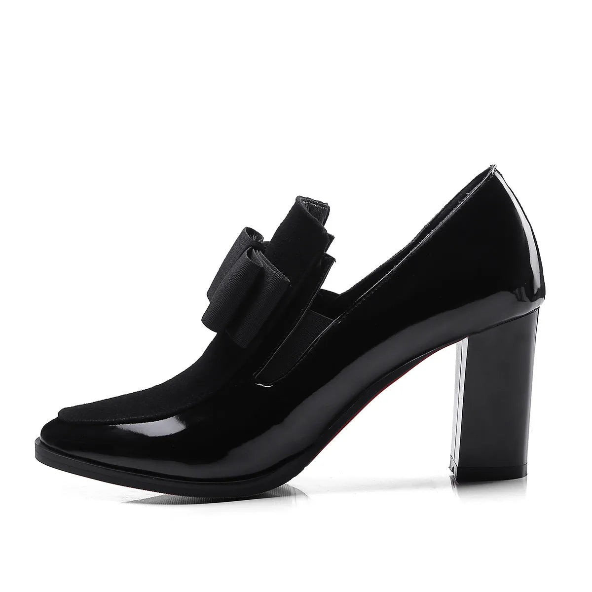 Black patent leather high heels with a thick block heel and square toe on a white background.