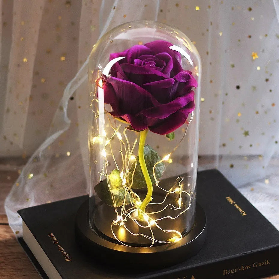 LED illuminated artificial rose bouquet with glass dome cover on table, 30cm tall.