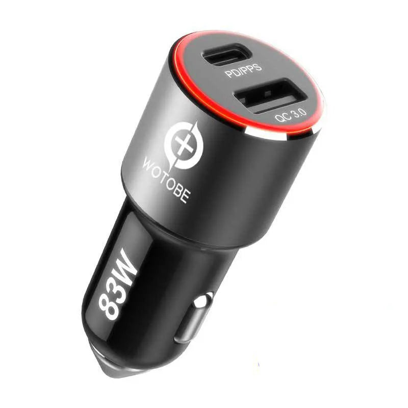 83W dual-port fast car charger with USB C PD and QC3.0 ports shown with optional charging cables.