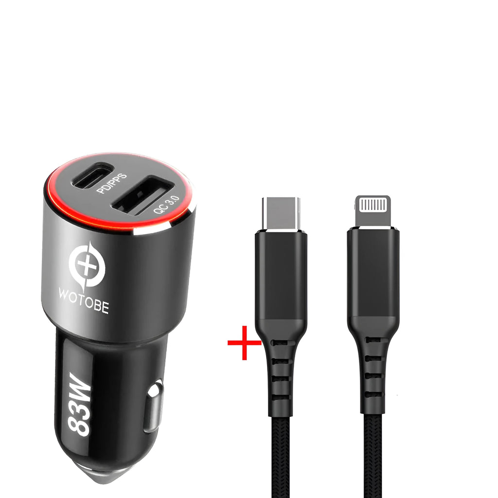 83W dual-port fast car charger with USB C PD and QC3.0 ports shown with optional charging cables.