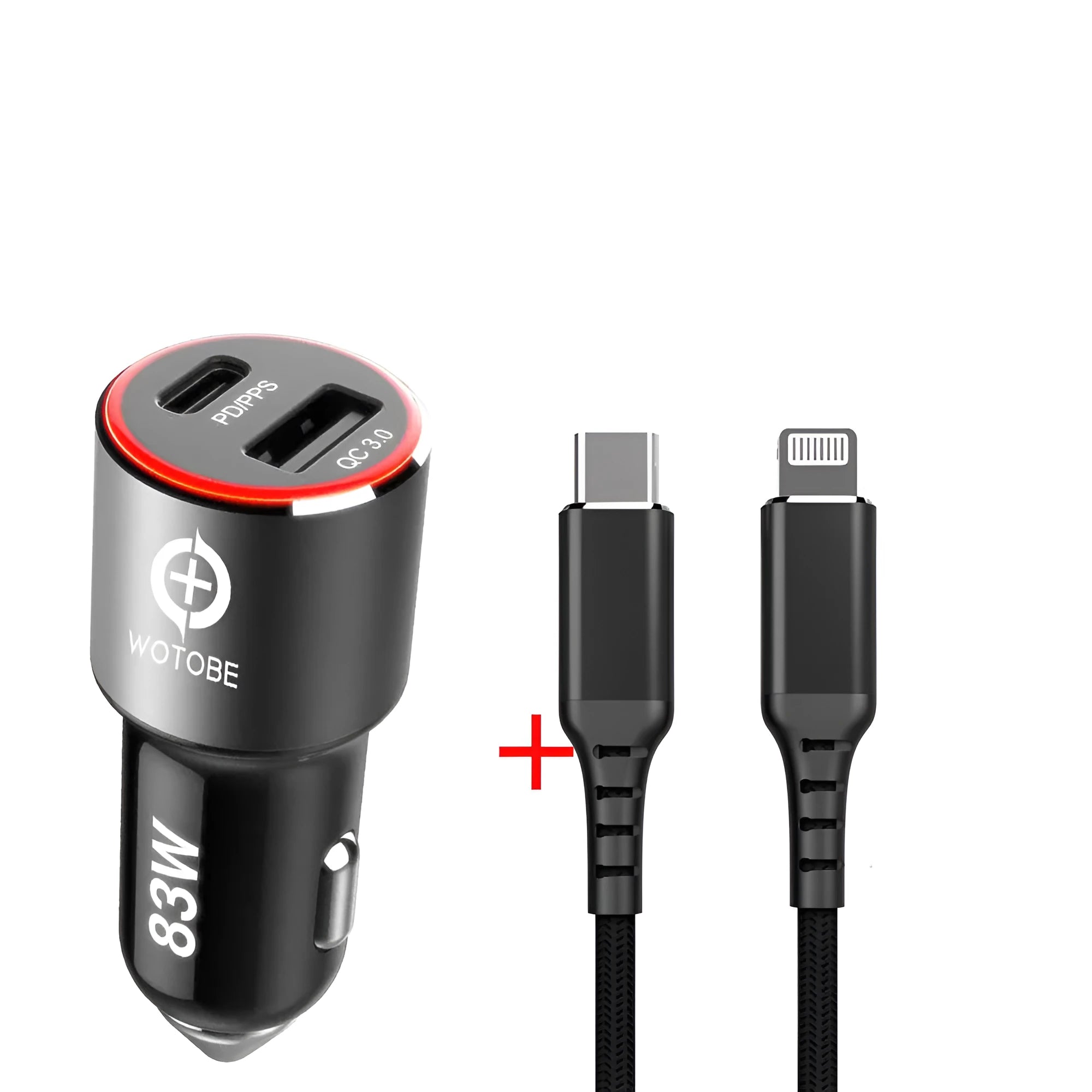 83W dual-port fast car charger with USB C PD and QC3.0 ports shown with optional charging cables.