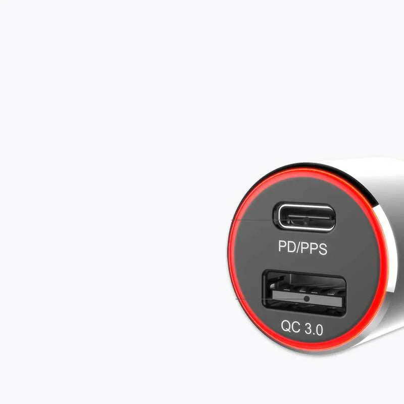 83W dual-port fast car charger with USB C PD and QC3.0 ports shown with optional charging cables.