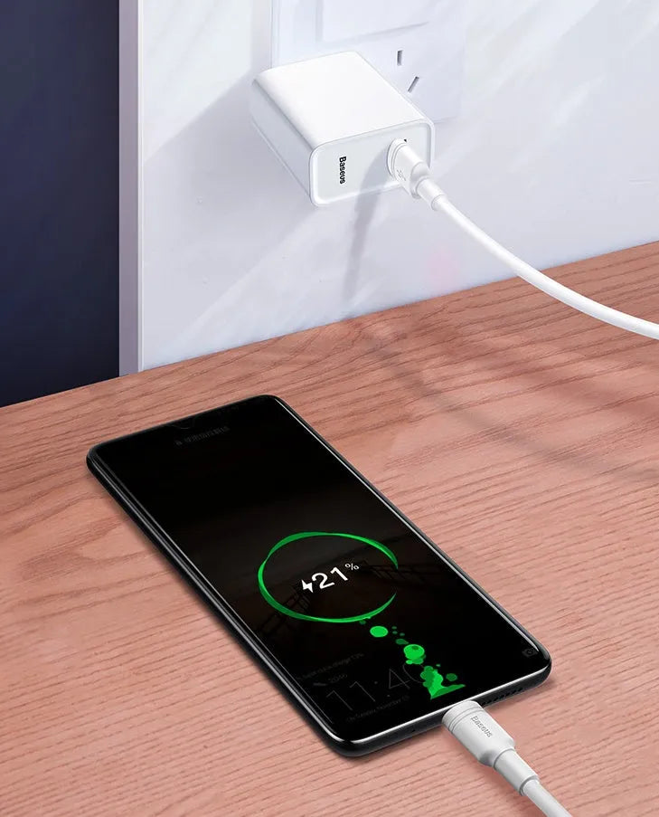 Black and white Baseus Android fast charge Micro USB cables in 1 metre and 2 metre lengths.