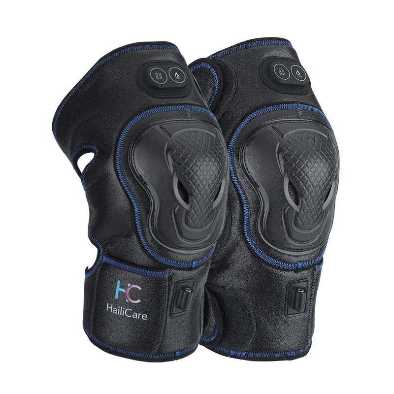 Electric heating knee pads in blue, orange, and silver blue with PU leather construction and free-size fit