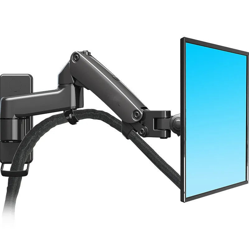 Black wall-mounted computer monitor stand with telescopic lifting arm and rotation function