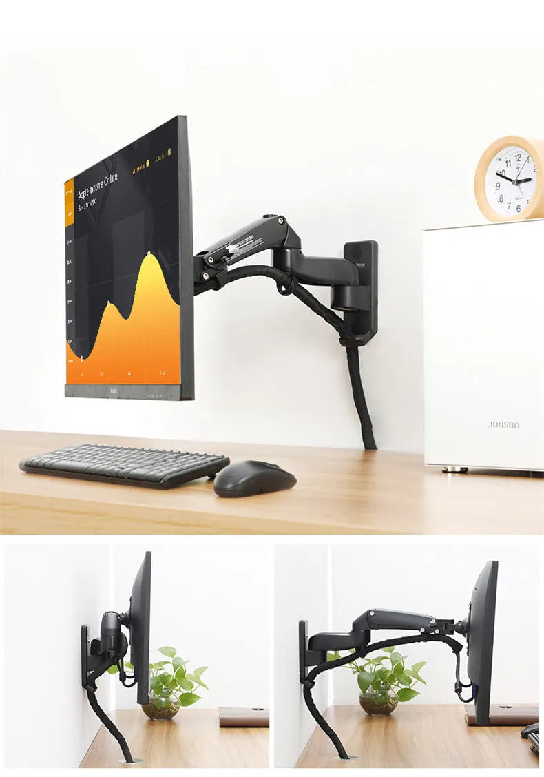 Black wall-mounted computer monitor stand with telescopic lifting arm and rotation function