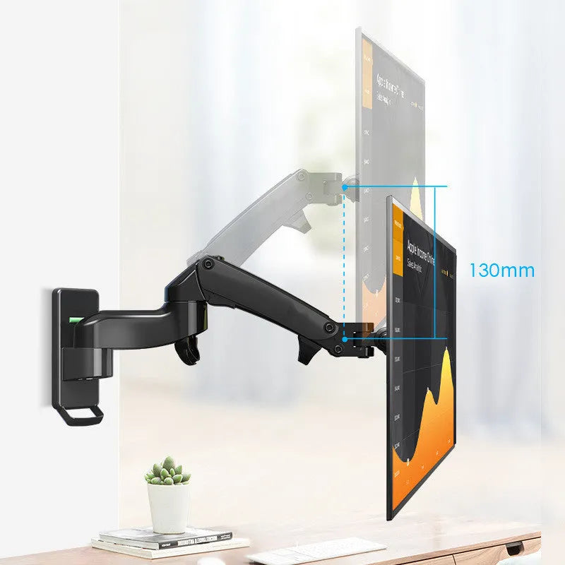 Black wall-mounted computer monitor stand with telescopic lifting arm and rotation function