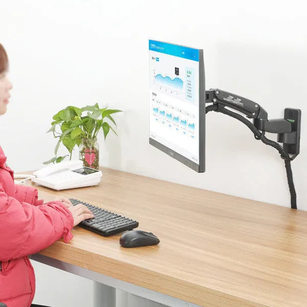Black wall-mounted computer monitor stand with telescopic lifting arm and rotation function