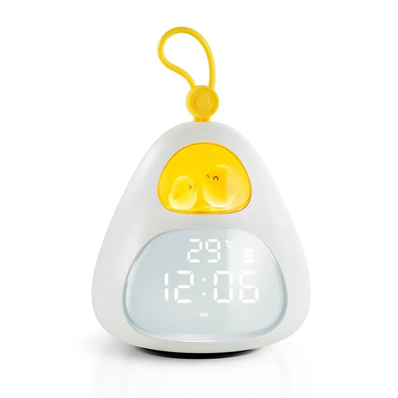 Cartoon triangle alarm clock in white with single-sided lazy personality print for student bedroom use.