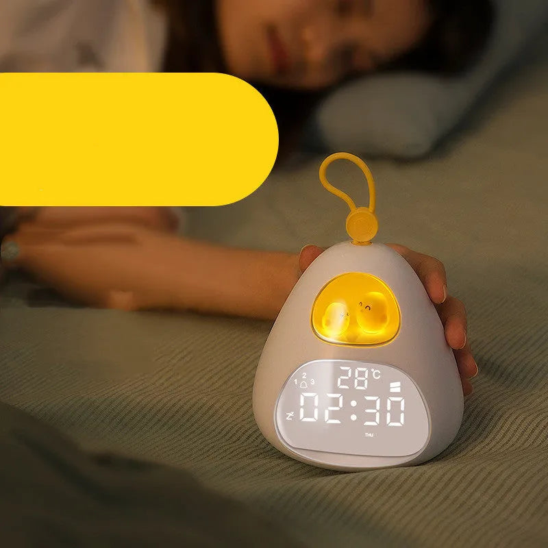 Cartoon triangle alarm clock in white with single-sided lazy personality print for student bedroom use.
