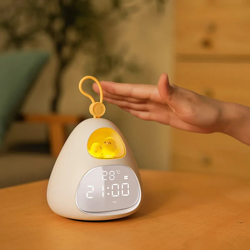 Cartoon triangle alarm clock in white with single-sided lazy personality print for student bedroom use.
