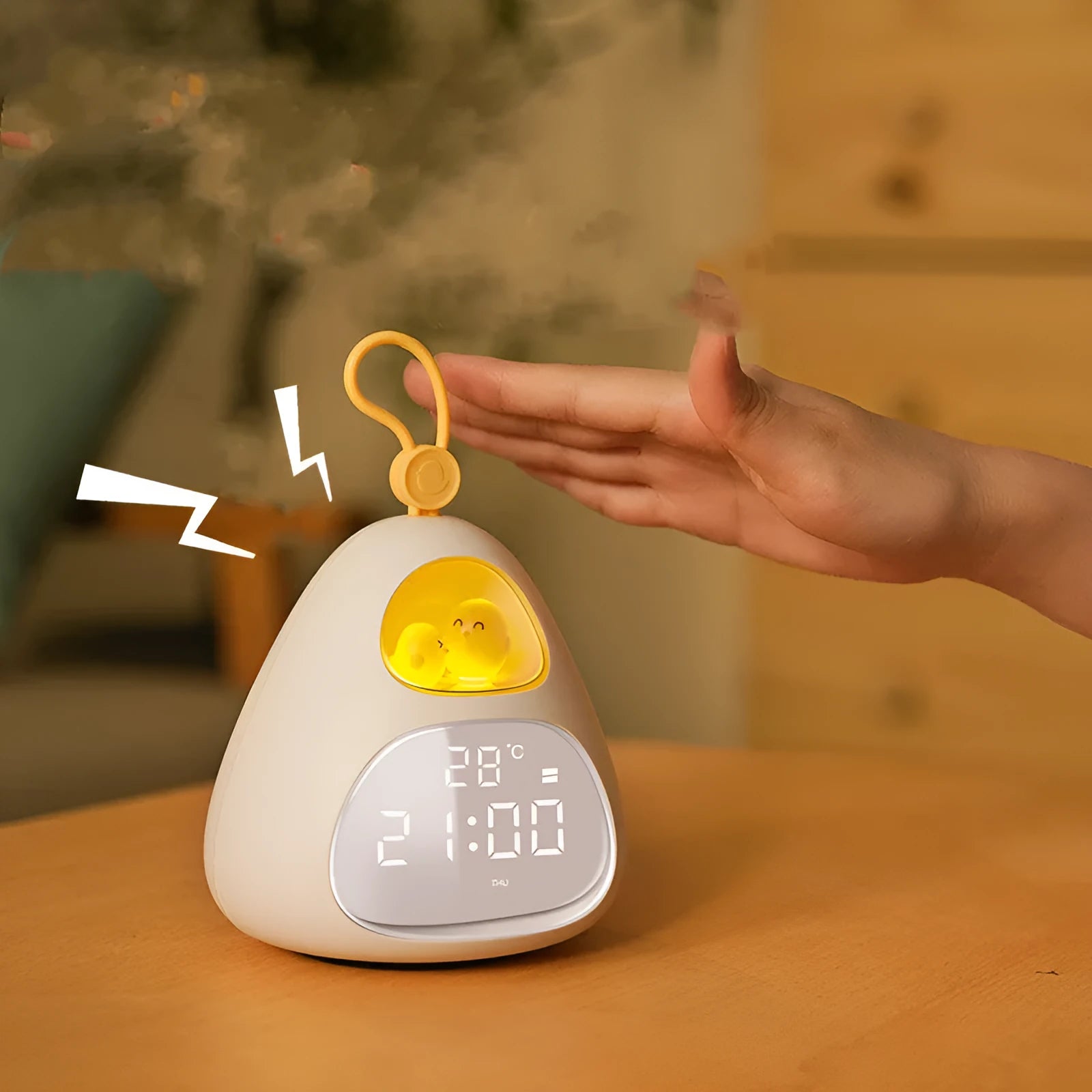 Cartoon triangle alarm clock in white with single-sided lazy personality print for student bedroom use.