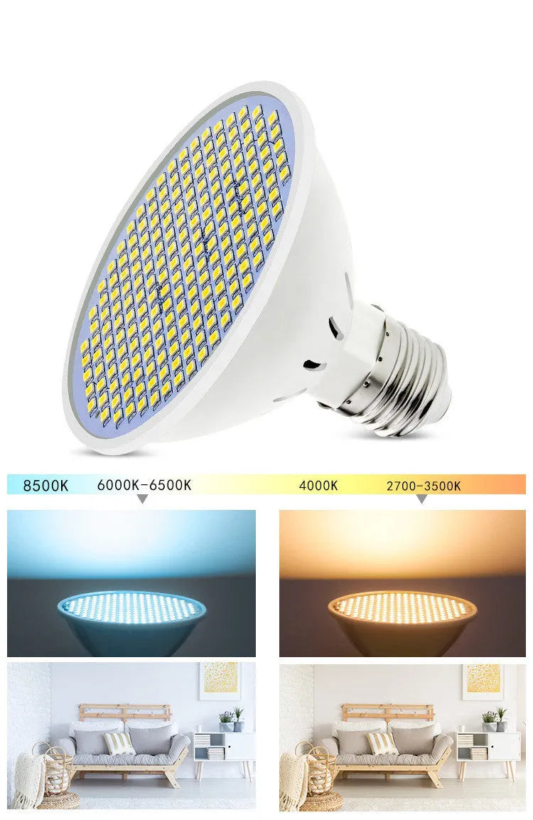 E27 LED lamp cup bulb with 300 SMD beads showing cool white and warm white colour options