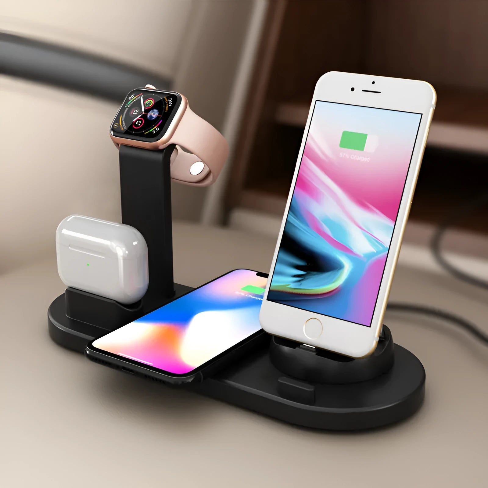 Three-in-one wireless charging bracket in black or white with USB connection