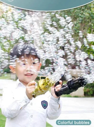 Pink bubble machine gun toy with trigger and bubble attachment on white background