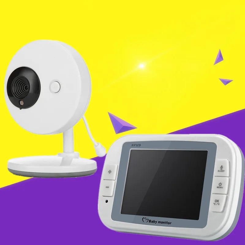 White 3.5 inch digital wireless baby monitor and camera with night vision on a nursery shelf.