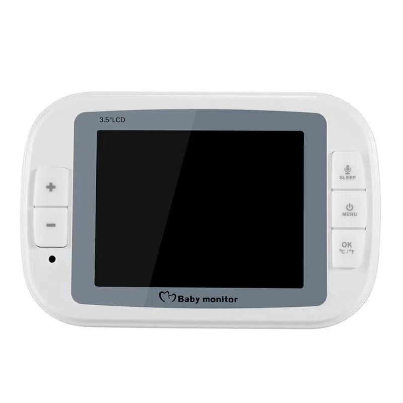 White 3.5 inch digital wireless baby monitor and camera with night vision on a nursery shelf.
