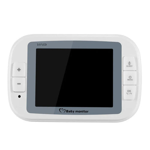 White 3.5 inch digital wireless baby monitor and camera with night vision on a nursery shelf.