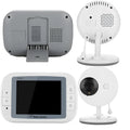 White 3.5 inch digital wireless baby monitor and camera with night vision on a nursery shelf.