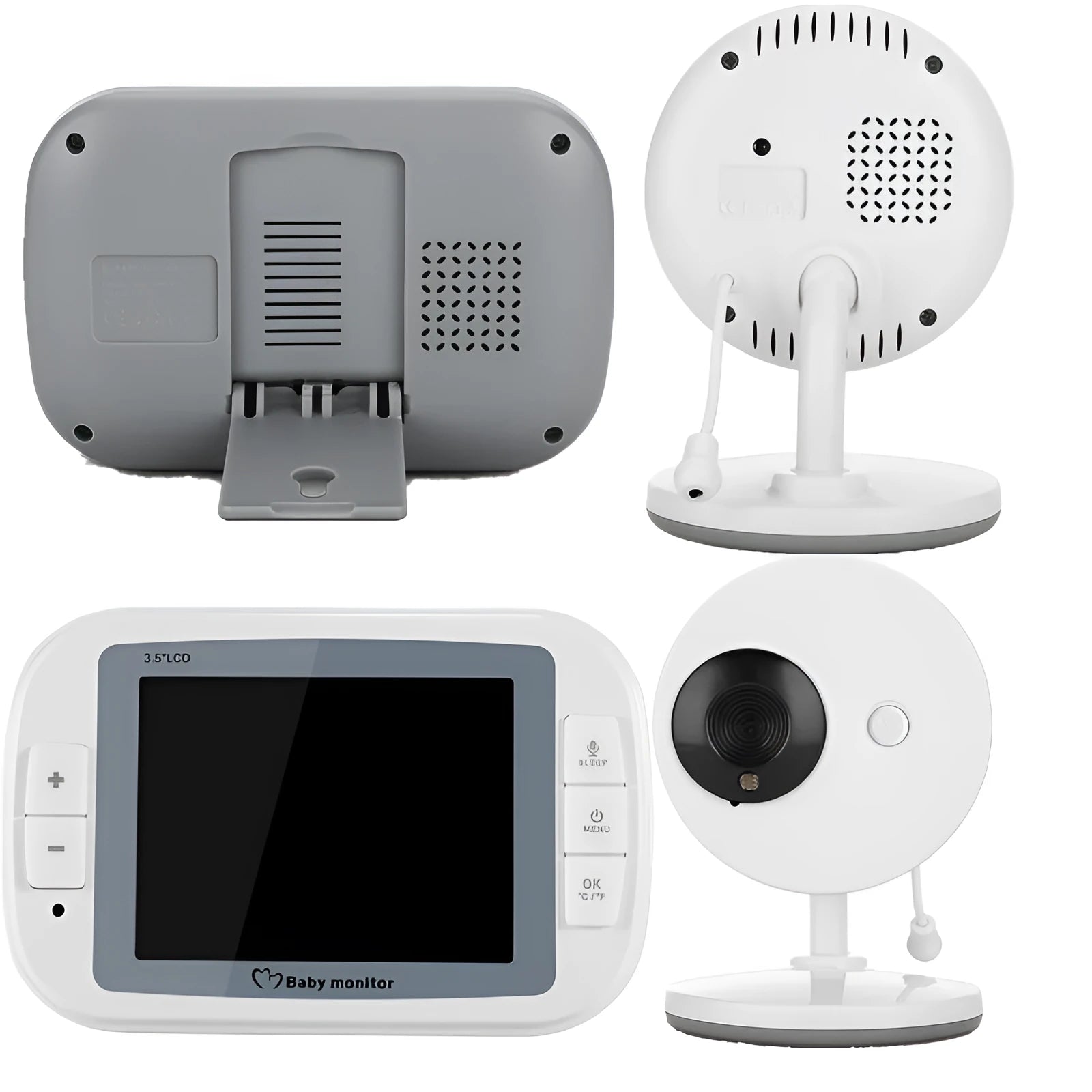 White 3.5 inch digital wireless baby monitor and camera with night vision on a nursery shelf.