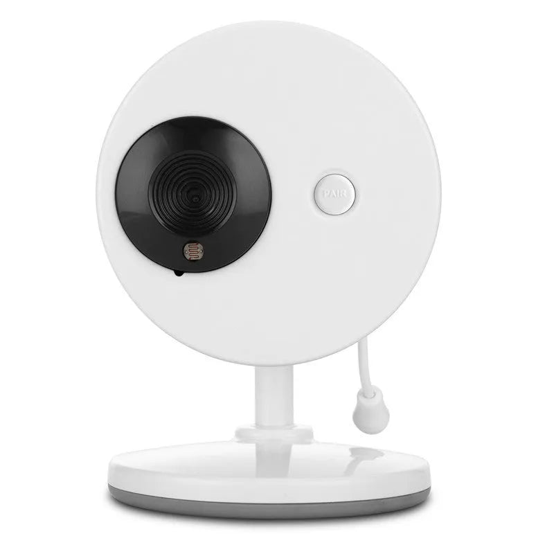 White 3.5 inch digital wireless baby monitor and camera with night vision on a nursery shelf.