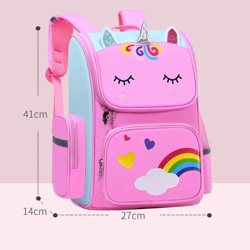 Royal blue polyester primary school backpack for children in years 1 to 6, shown next to a smaller pink version.