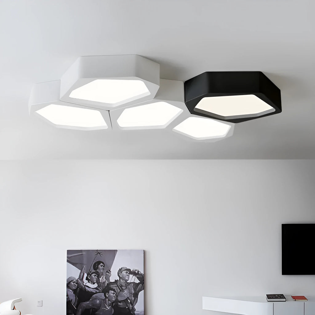 Geometric shaped LED ceiling light with black or white iron frame and remote control