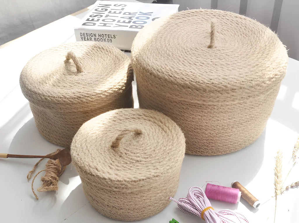 Japanese style linen fabric storage basket with cover in three sizes for underwear organisation