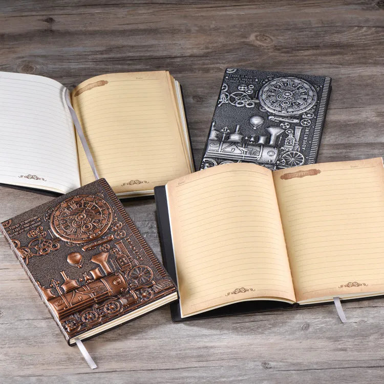 European relief retro notepad diary with three-dimensional embossed leather cover in metallic colours