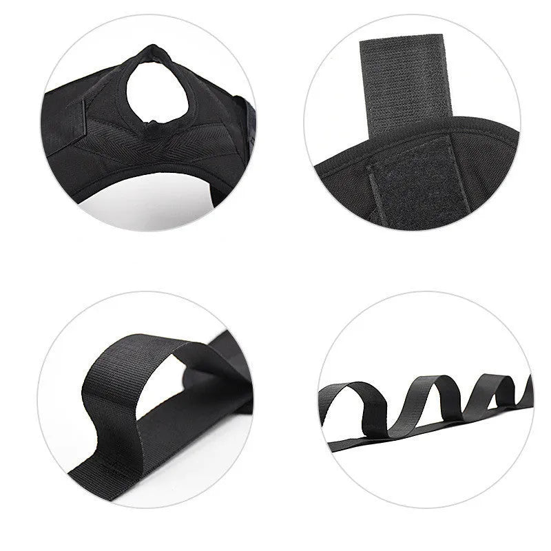 Black polyester cotton yoga stretch strap for flexibility and split training, packed on a flat surface