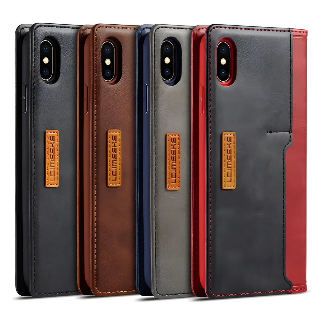 Retro brown leather and PU flip wallet case open showing card slots, next to an iPhone.