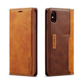 Retro brown leather and PU flip wallet case open showing card slots, next to an iPhone.