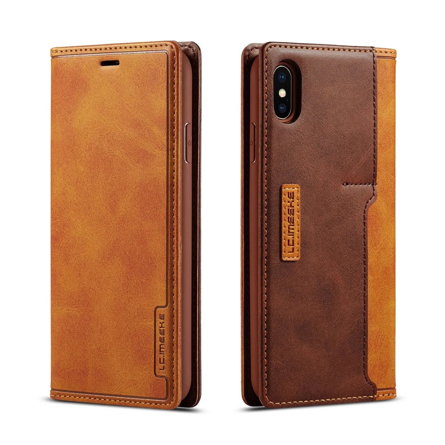 Retro brown leather and PU flip wallet case open showing card slots, next to an iPhone.