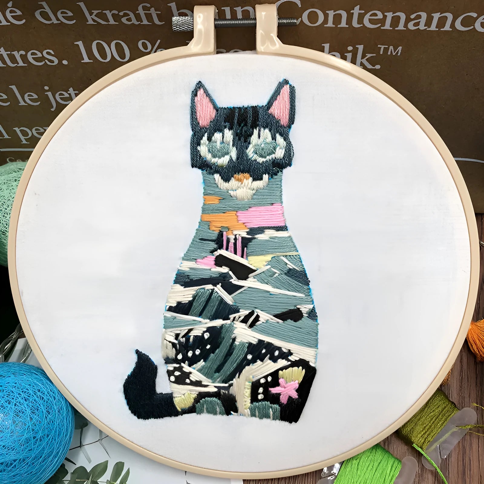 Cat embroidery kit with cotton fabric and 15cm stretch frame for beginners