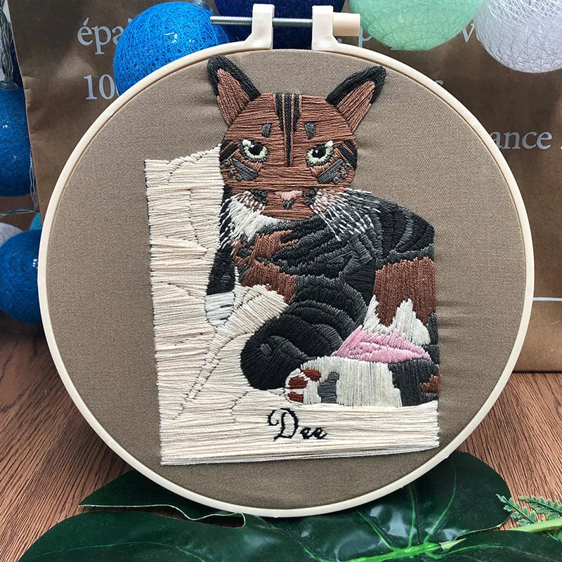 Cat embroidery kit with cotton fabric and 15cm stretch frame for beginners