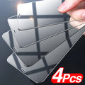 Four transparent tempered glass screen protectors for iPhone models including iPhone 13 Pro Max and 12 Pro Max