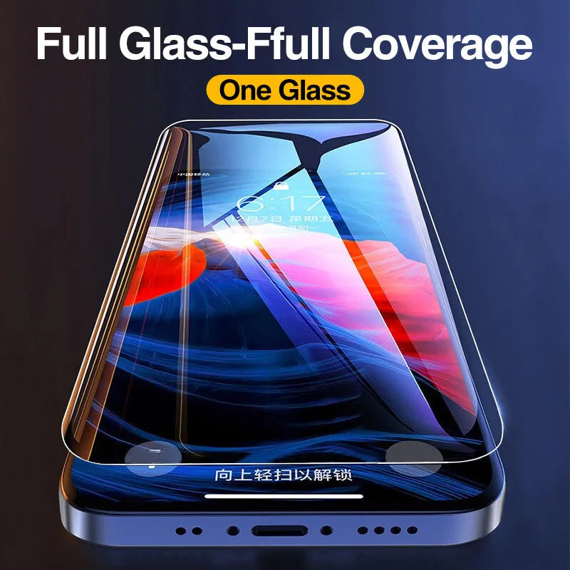 Four transparent tempered glass screen protectors for iPhone models including iPhone 13 Pro Max and 12 Pro Max