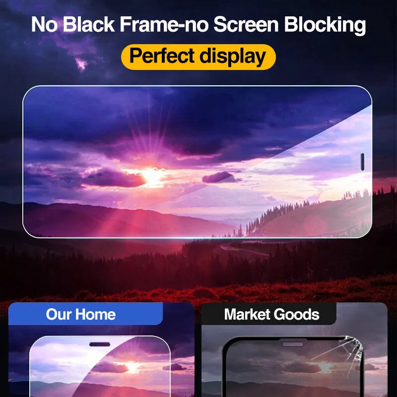 Four transparent tempered glass screen protectors for iPhone models including iPhone 13 Pro Max and 12 Pro Max