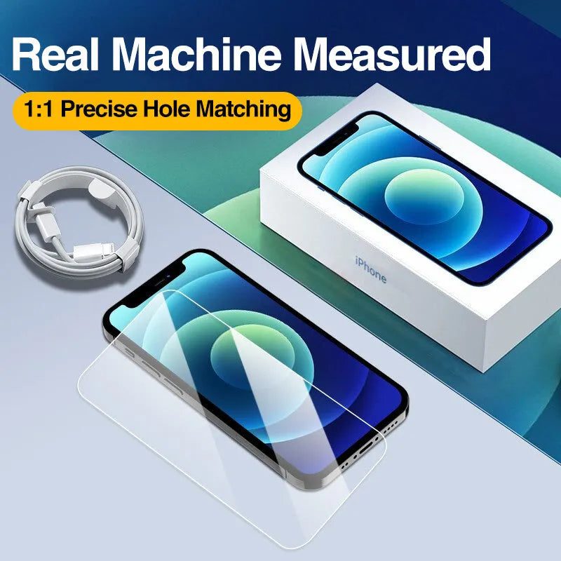 Four transparent tempered glass screen protectors for iPhone models including iPhone 13 Pro Max and 12 Pro Max