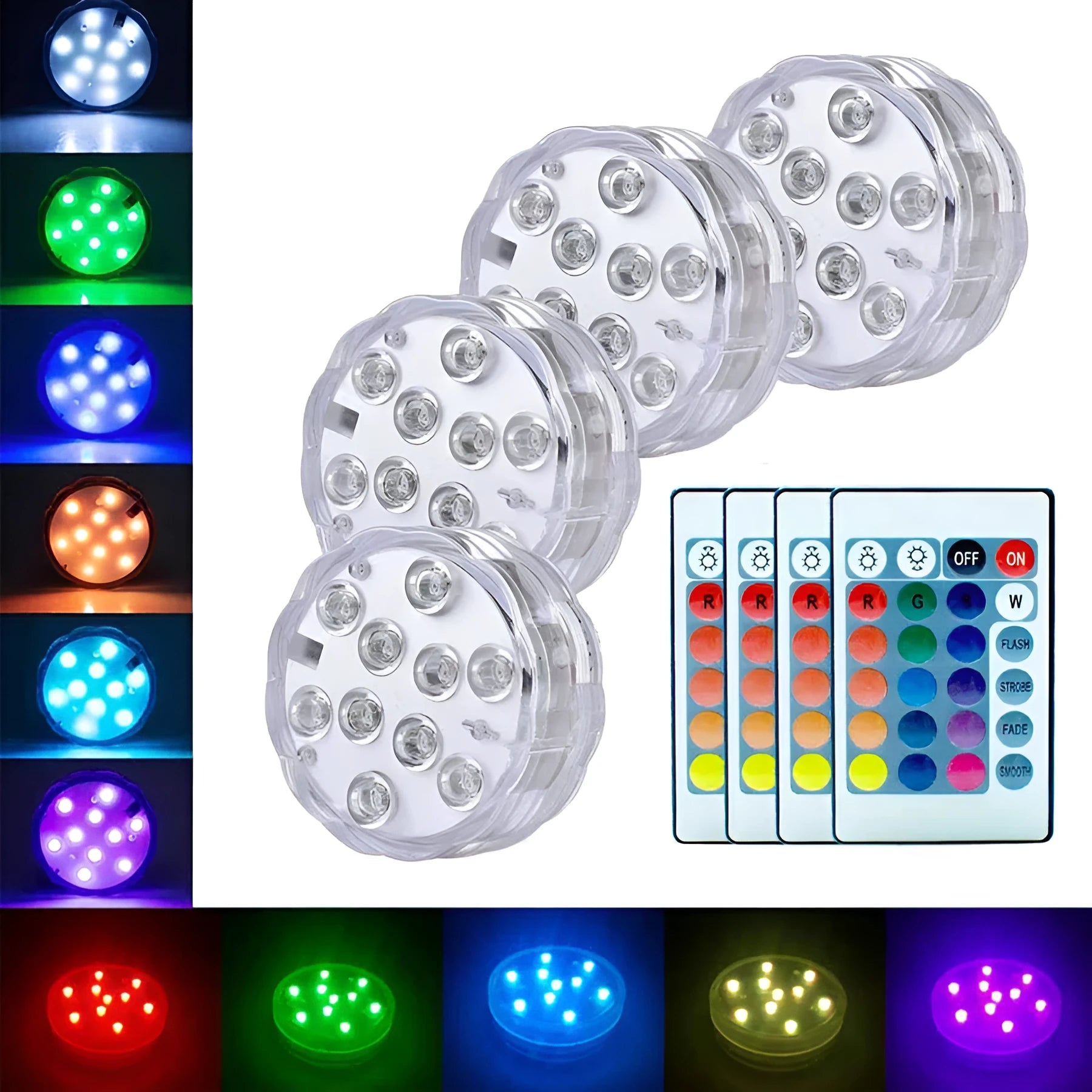 White waterproof disc LED light with remote control for swimming pools and garden decoration.
