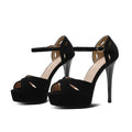 Black suede women's stiletto platform sandals with a fish mouth toe opening.