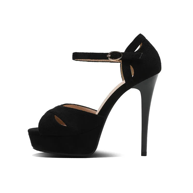 Black suede women's stiletto platform sandals with a fish mouth toe opening.