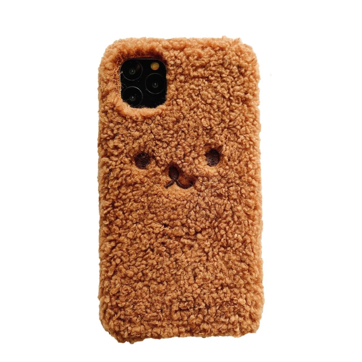 Embroidery plush cartoon bear face iPhone case on TPU material in brown and white colour options