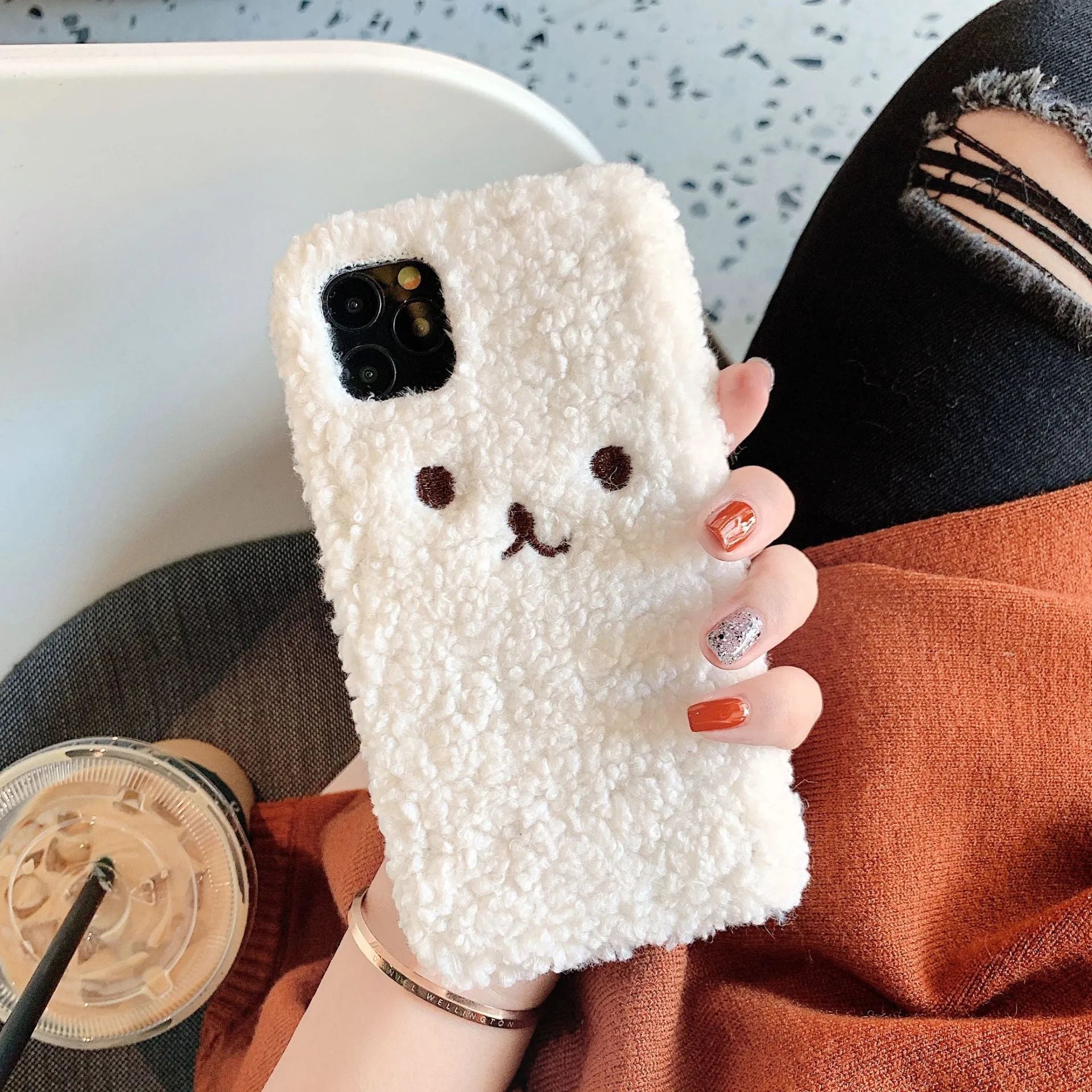 Embroidery plush cartoon bear face iPhone case on TPU material in brown and white colour options